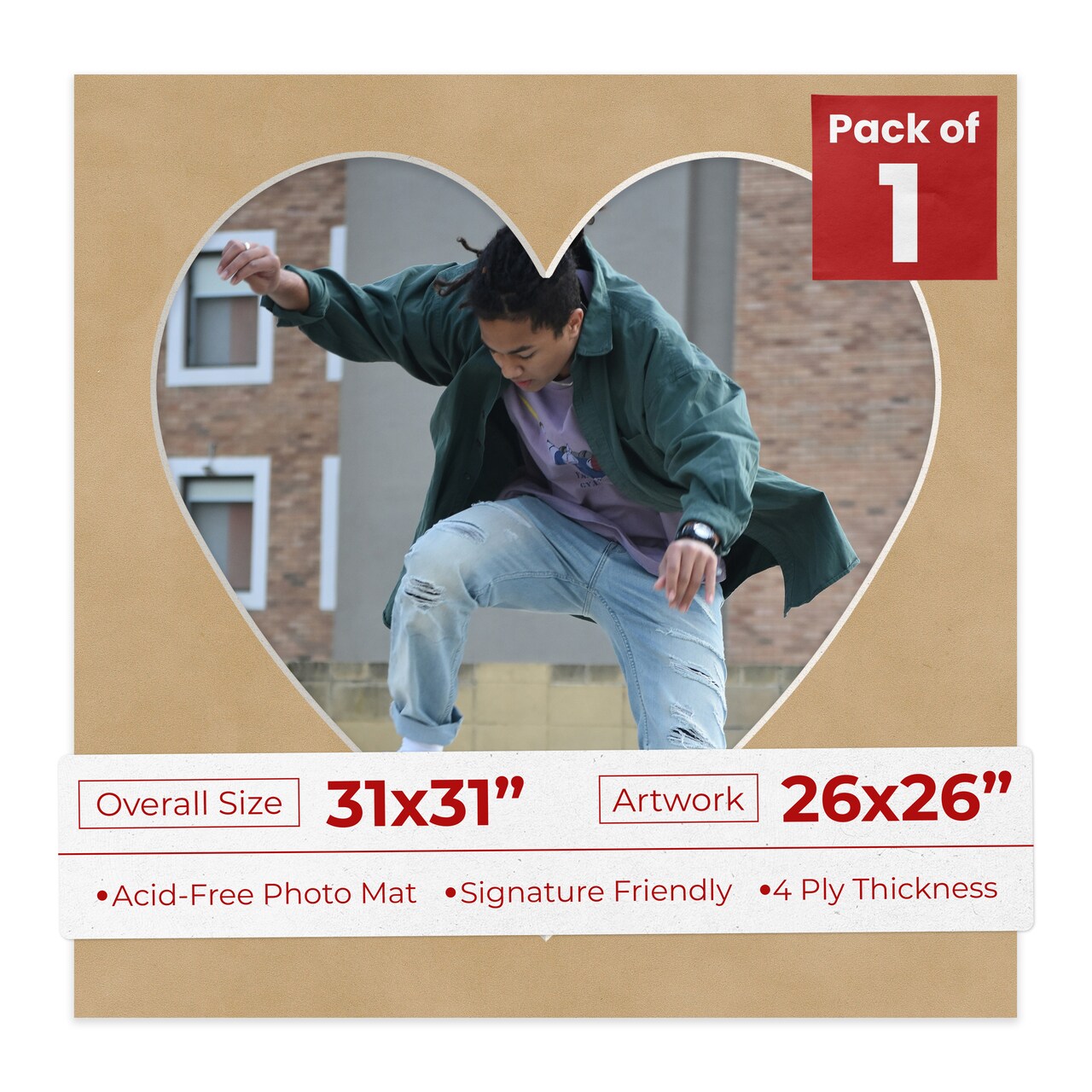 Beige Suede Mat Board for 31x31 Frames - Heart Opening for 26x26 Photos